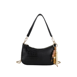 Fashionable black crocodile pattern underarm bag with chain strap and beaded tassel decor