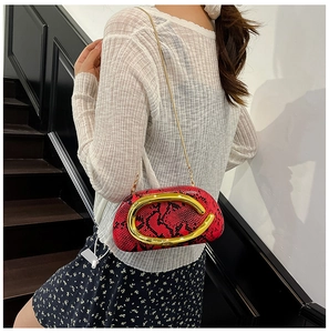 Red snakeskin acrylic clutch with gold metal handle and chain strap on a model