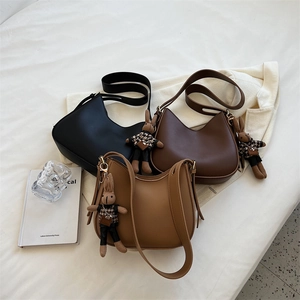 Women PU Leather Underarm Bag Minimalist Half Moon Crossbody Shoulder Handbag For Daily Fashion With Bunny Charm