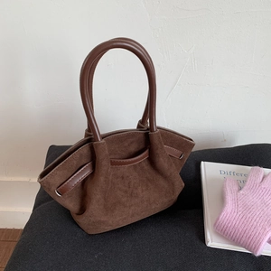 Deep brown matte suede wing-shaped handbag with decorative drawstring for autumn winter