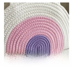 Detailed macro view of rainbow striped hand-woven cotton rope handbag craftsmanship