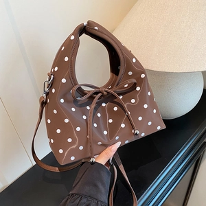 Sac à main marron en cuir PU à pois avec nœud décoratif et bandoulière amovible