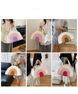 Collage of model styling the rainbow striped woven handbag for various fashion outfits