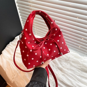 Sac à main rouge à pois blancs grande capacité avec nœud et bandoulière chic