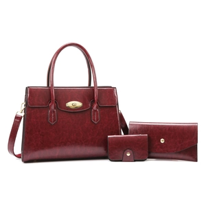 Vintage wine red large tote bag three-piece set with crossbody strap and gold hardware