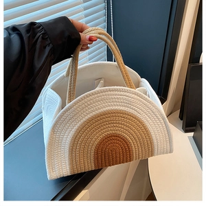 Detail of rainbow woven cotton rope tote bag showing inner lining and functional compartments