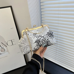 French vintage frame clutch bag with black and white floral embroidery and gold chain