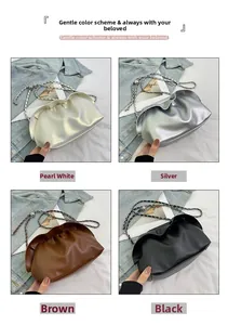 Detailed comparison of pleated cloud bags in white, silver, brown, and black faux leather