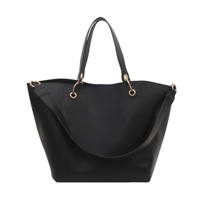 Sac seau noir classique avec anneaux dorés et bandoulière large réglable pour femme