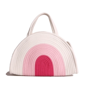 Rainbow striped woven cotton rope tote bag with semi-circle design for summer beach holidays