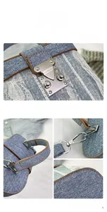 Dettaglio della borsa in denim blu e pizzo floreale bianco con profili in pelle marrone