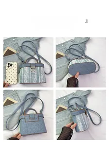 Multi-angle view of denim and white lace box bag with metal lock and strap