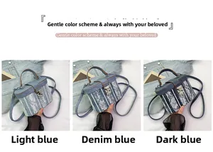Three shades of denim top-handle bags with lace floral patterns and metal buckle closure