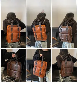 Vues détaillées du sac à dos rétro en simili cuir avec boucles et deux poches avant