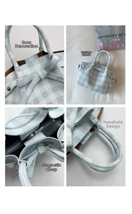 Détails du sac seau à carreaux bleus avec nœud décoratif, fermoir aimanté et tissu en maille