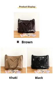 Three-color minimalist glossy leather tote bags in brown, khaki, and black finishes