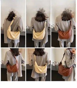 Detailed views of vintage bucket shoulder bags in khaki and brown with wide straps