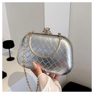 Macro shot of silver woven clutch bag with crystal clasp and gold snake chain handle