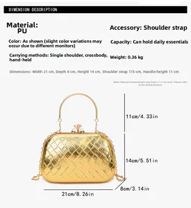 Detailed size specifications of the gold woven box clutch with chain strap and handle