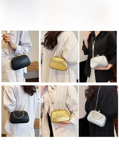 Detailed grid view of woven evening clutch bag in black, gold, and silver finishes