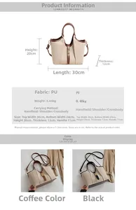 Detailed size specifications and material view of canvas and PU leather bucket bag