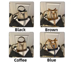 Detail view of four color options for the canvas bucket bag with drawstring closure