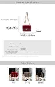 Detailed sizing guide and specifications for crocodile texture chain shoulder bag