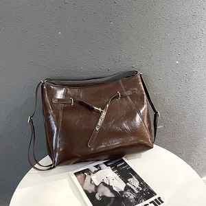 Minimalist vintage dark brown glossy tote bag with stylish belt buckle decoration