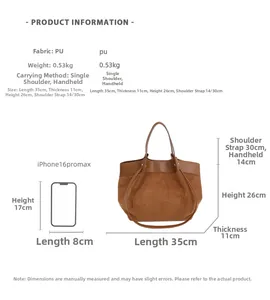 Detailed size guide for the PU tote bag showing dimensions and iPhone size comparison