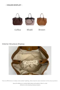 Detail view showing large tote bag suede textures and drawstring liner in three colors