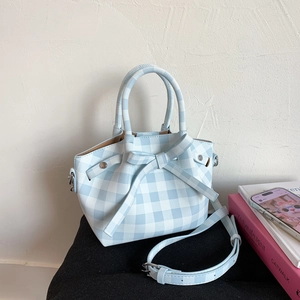 Sac seau à carreaux bleu clair avec nœud décoratif et bandoulière réglable chic