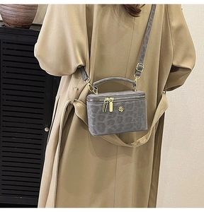 Leopard print box crossbody bag shown with a beige coat and modern interior background
