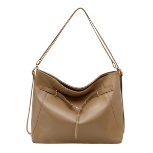 Minimalist khaki leather hobo bag with large capacity and elegant gold metal ring buckle