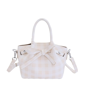 Sac seau à carreaux beige avec nœud décoratif et bandoulière réglable pratique