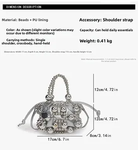 Detailed size specifications of the silver beaded bucket bag with 115cm shoulder strap