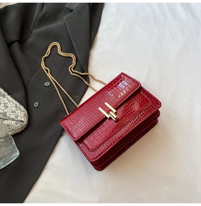 Close-up of red crocodile pattern shoulder bag with gold chain and H-shaped buckle