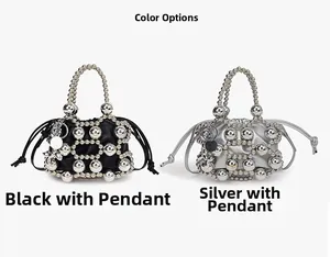 Detail of mini drawstring bucket bags with metallic ball grid texture and pearl handle