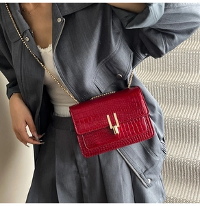 Detail view of red crocodile pattern handbag with gold hardware and chain strap