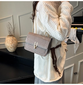 Detail of grey crocodile texture shoulder bag with gold H-clasp and chain strap