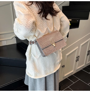 Detail of grey crocodile pattern small square bag with elegant gold chain strap