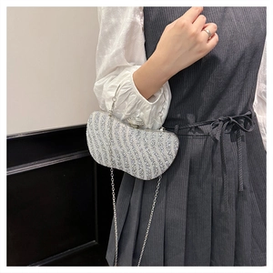 Dettaglio borsa da sera in paillettes argento con texture ondulata e chiusura retrò