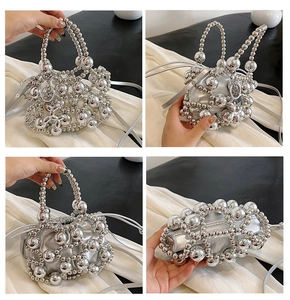 Detail view of silver beaded bucket bag showing metallic beads and satin drawstring liner