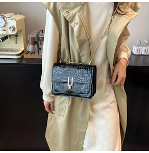 Detail of black crocodile texture bag with gold U-shaped buckle and fine chain strap