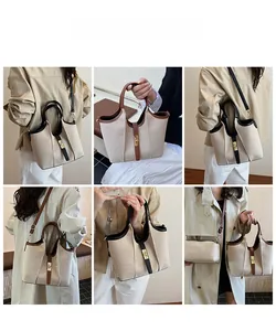 Detailed views of color-block canvas tote bag showing multiple carrying styles