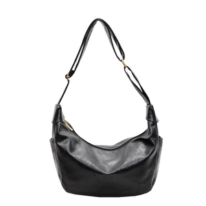 Large black vegan leather hobo bag with adjustable strap and gold metal hardware