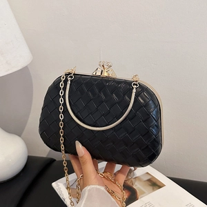 Elegant black woven evening clutch bag with gold diamond clasp and chain strap