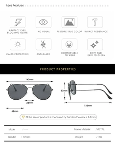 Tabla de tallas y detalles de protección UV400 para gafas de sol aviador polarizadas
