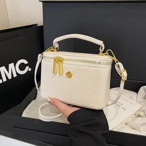 Elegant cream white square box bag with gold camellia flower and metal strap