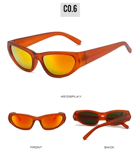 Trois vues de lunettes de soleil sport œil de chat avec monture orange et verres miroirs