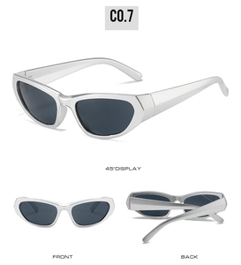 Vue en trois dimensions montrant l'angle de 45 degrés, l'avant et l'arrière des lunettes de soleil